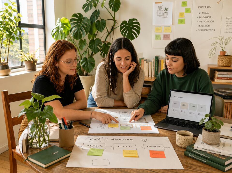 Three professional women collaborating on an instructional design learning map around a wooden table in a bright, plant-filled office.
